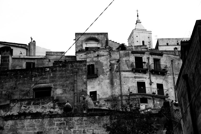 black and white view on ancient church of matera